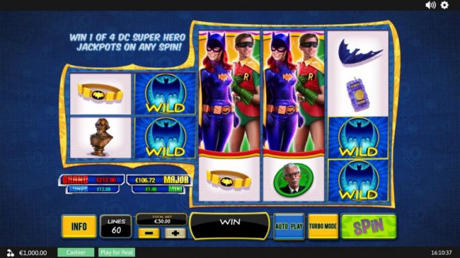 A 1960s TV action hero themed main game board featuring five reels and 60 paylines with a progressive jackpot max payout