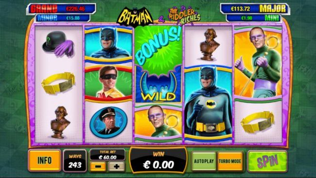 An action hero themed main game board featuring five reels and 243 winning combinations with a progressive jackpot max payout