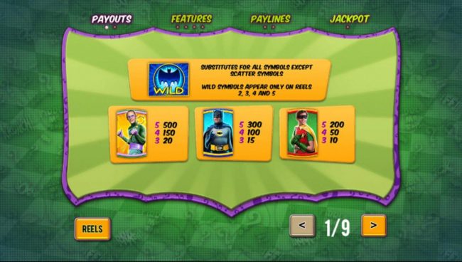 High value slot game symbols paytable with icons based on a 1960s action hero TV show