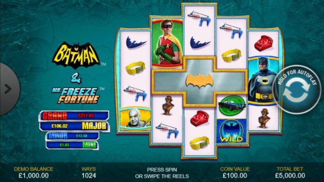 A 1960s super hero themed main game board featuring five reels and 1024 winning combinations with a progressive jackpot max payout