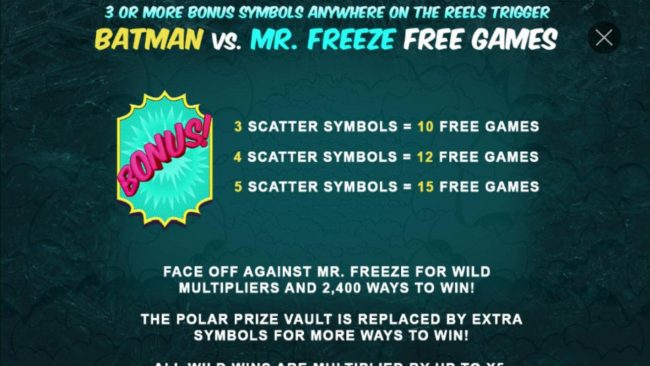 3 or more bonus symbols anywhere on the reels trigger Batman vs Mr. Freeze Free Games.