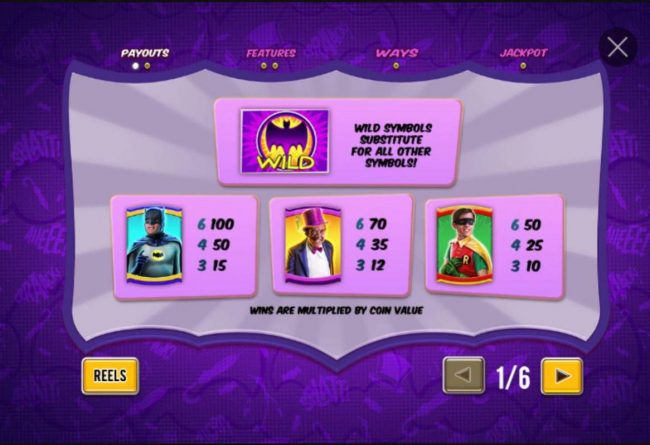 High value slot game symbols paytable featuring Batman inspired icons.