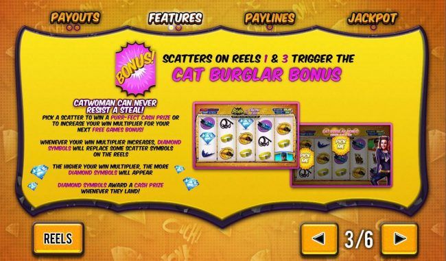 Bonus scatters on reels 1 and 3 trigger the Cat Burglar Bonus.