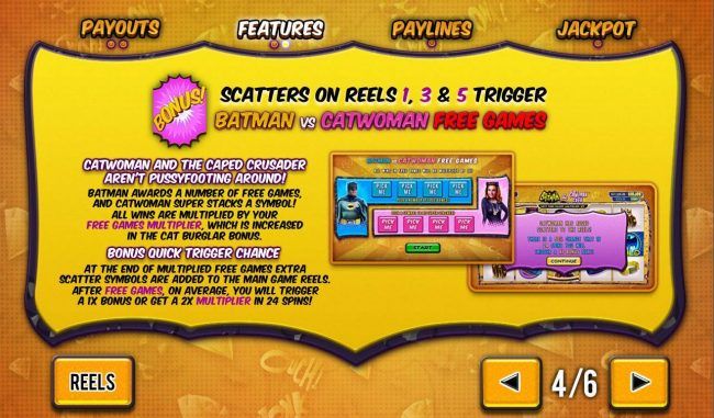 Bonus scatters on reels 1, 3 and 5 trigger Batman vs Catwoman free games
