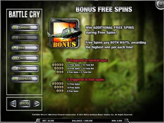 Bonus Free Spins - Win additional free spins during Free Spins! Free Spins pay both ways, award the highest win per each line.