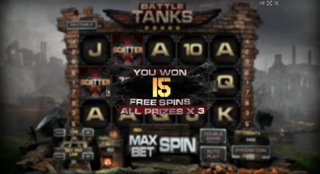 15 Free Spins awarded player with al wins tripled.