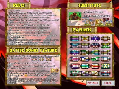 rules, wild, battle bonus feature and payline diagrams