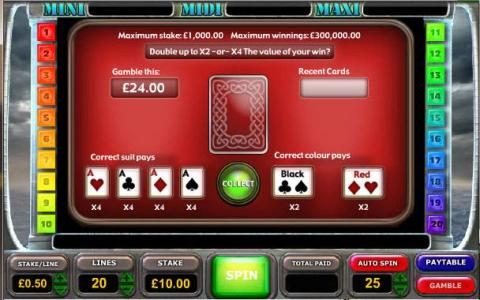 gamble feature game board - offers a chance to increase your winnings. available after every winning spin.