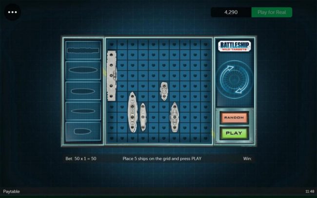 Bonus game board - Arrange the ships on the board - the number of direct hits determines the number of free spins awarded.
