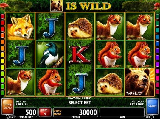 An outdoors themed main game board featuring five reels and 25 paylines with a $300,000 max payout