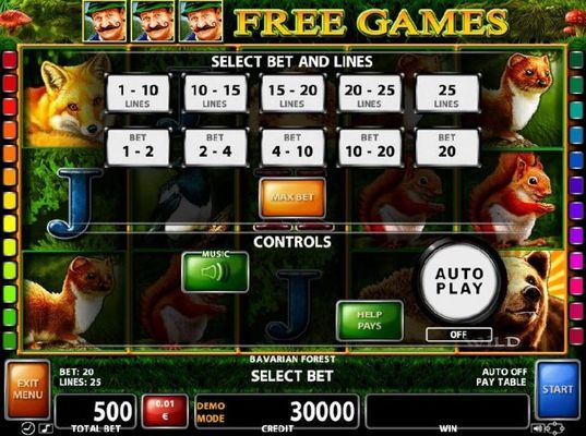 Select Bet and Lines - 1 to 25 Lines and 1 to 20 coins per line.