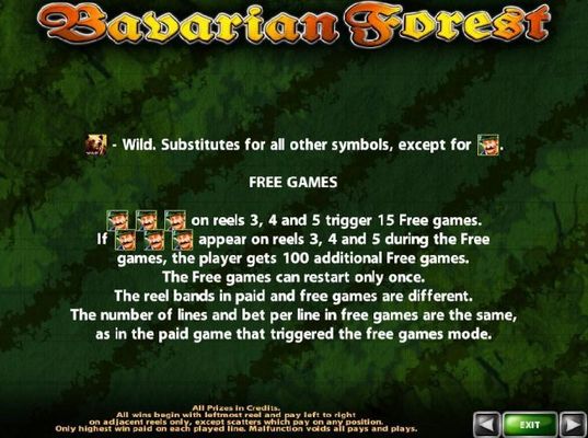 The bear is wild and substitutes for all symbols, except for the Bavarian man scatter symbol. Three scatter symbols on reels 3, 4 and 5 awards 15 free games.