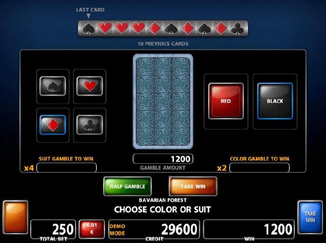 Gamble Feature - To gamble any win press Gamble then select color or a suit.
