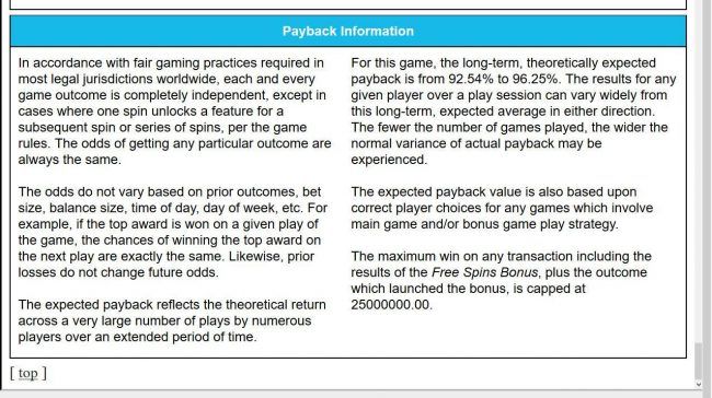 Payback Information - Theoretical return To Player is from 92.54% to 96.25%. The maximum win on any transaction is capped at 25,000,000.