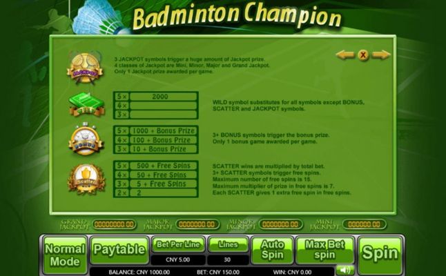 Badminton Champion :: Bonus, Jackpot, Scatter and Wild Rules