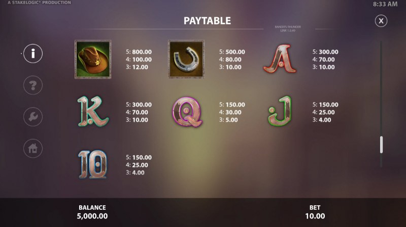 Paytable - Low Value Symbols