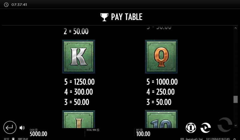 Beat the Beast Quetzalcoatl's Trial :: Paytable - Low Value Symbols