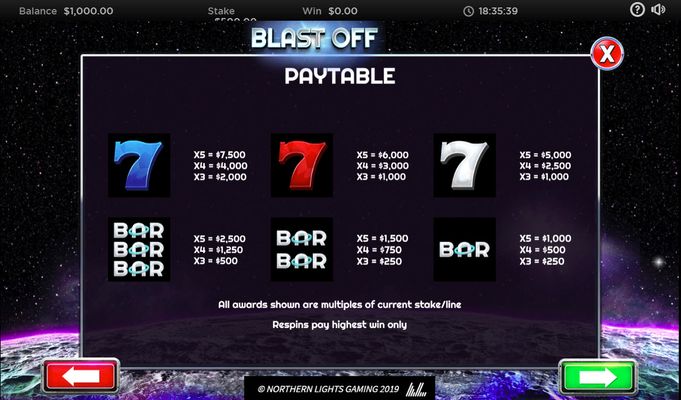 Blast Off :: Paytable