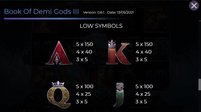 Book of Demi Gods 3 :: Paytable - Low Value Symbols