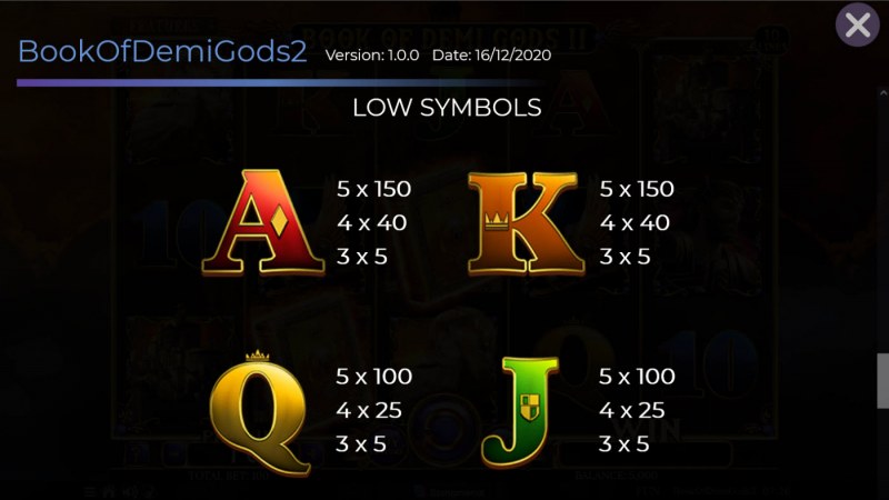 Book of Demi Gods II :: Paytable - Low Value Symbols