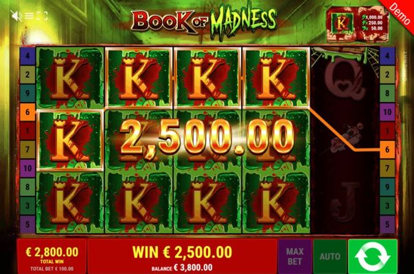 Book of Madness :: Stacked special symbols triggers a big win during the free games feature