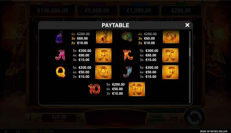 Book of Riches Deluxe :: Paytable - Low Value Symbols