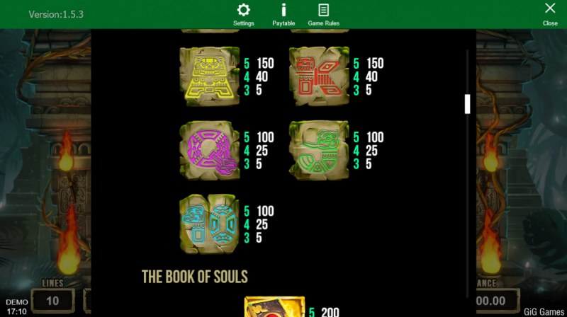 Book of Souls :: Paytable - Low Value Symbols