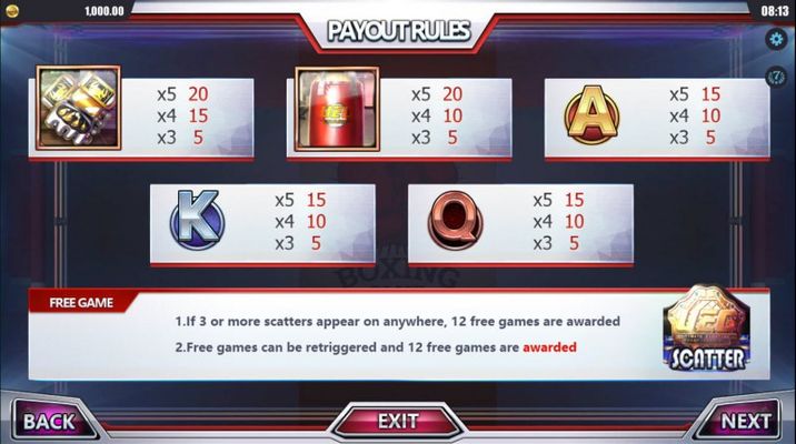 Boxing Arena :: Paytable - Low Value Symbols