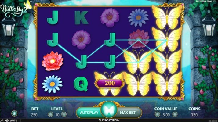 Feature activated by full stack of butterflies landing on any reel