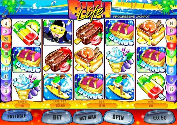 A tropical beach themed main game board featuring five reels and 20 paylines with a $500,000 max payout