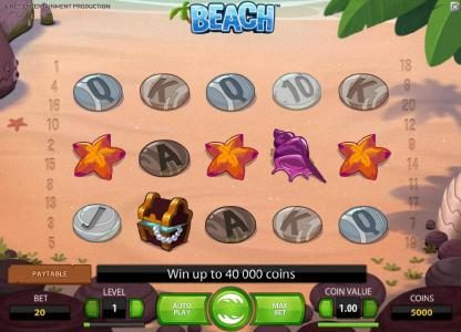 main game board featuring five reels and twenty paylines. win up to 40000 coins