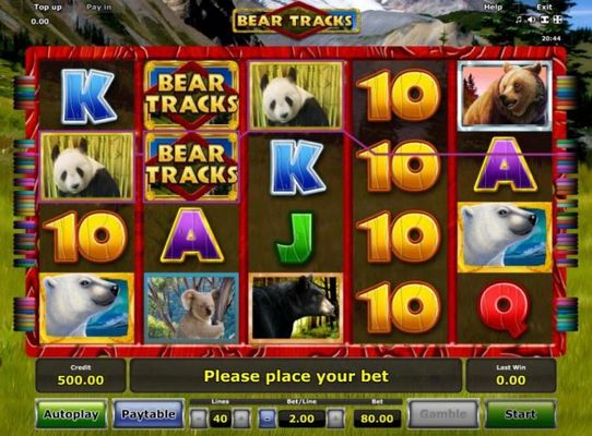 A bear adventure themed main game board featuring five reels and 40 paylines with a $80,000 max payout