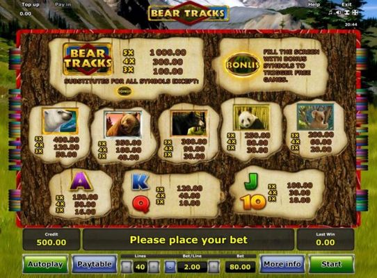Slot game symbols paytable featuring bear inspired icons.
