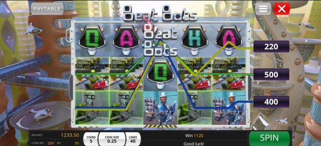 An 1120 coin jackpot triggered by multiple winning combinations