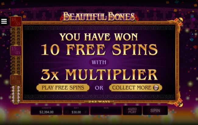 Player has won 10 free games with 3x multiplier, you choose to play or continue to collect more scatter symbols.