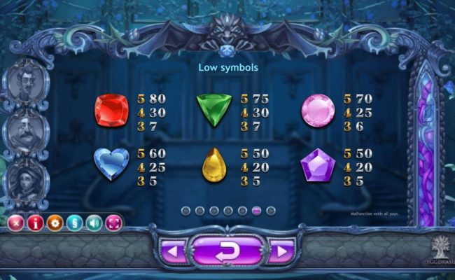 Low value game symbols paytable represented by 6 different gemstones.