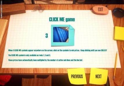 CLICK ME game, 3 CLICK ME symbols visible (scattered), wins a CLICK ME bonus. Choose from the visible CLICK ME symbols and the bonus prize you've won will be revealed.