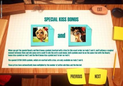 SPECIAL KISS BONUS - When you get special Beauty and Nerd symbols (marked with a kiss) in the exact order on reels 2 and 4, you'll witness a magical moment between them and win some extra cash!