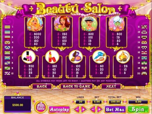 Slot game symbols paytable and Payline Diagrams 1-20. All symbols pay from left to right. Scatters pay on any position.