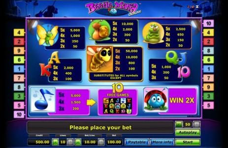 slot game symbols paytable. offering a 10,000 max pay out
