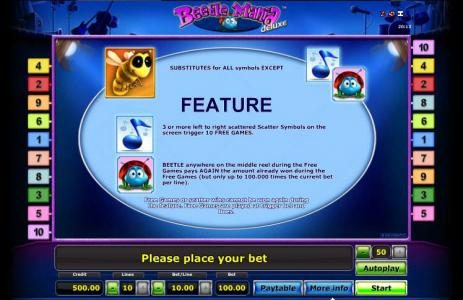 Wild, Scatter and Free Spins feature rules.