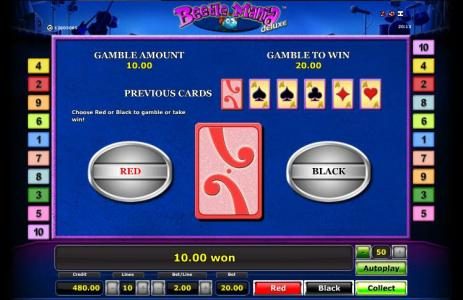 Gamble feature is available after every winning spin. Choose Red or Black to gamble or take win.