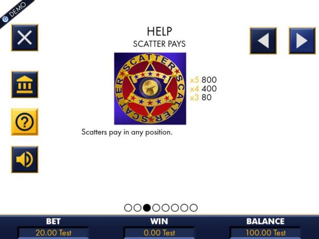 The games scatter symbol is represented by the Sheriffs Badge. Scatters pay in any position and a five of a kind pays 800 coins.