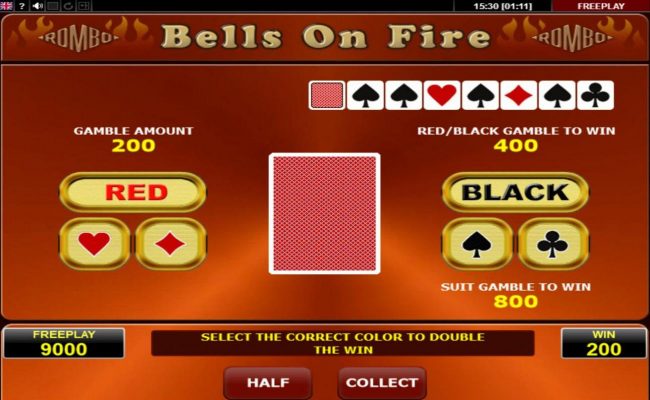 Gamble Feature - To gamble any win press Gamble then select Red or Black or Suit