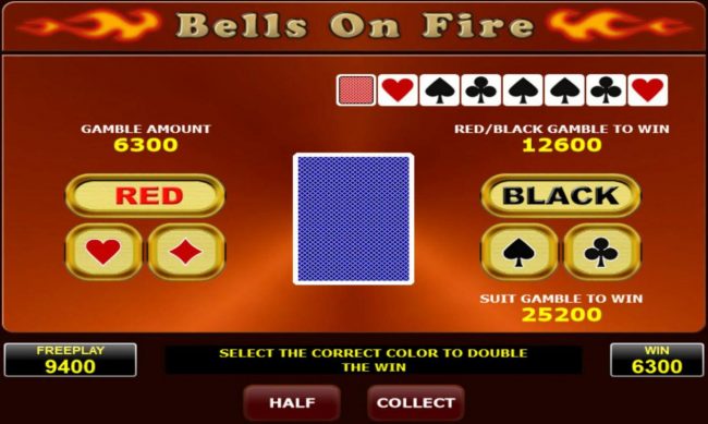 Gamble Feature - To gamble any win press Gamble then select Red or Black or suit