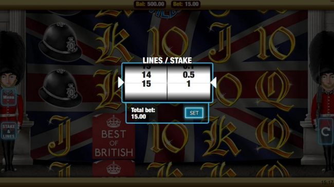 Click the stakes and Lines button to change the coin value or lines played