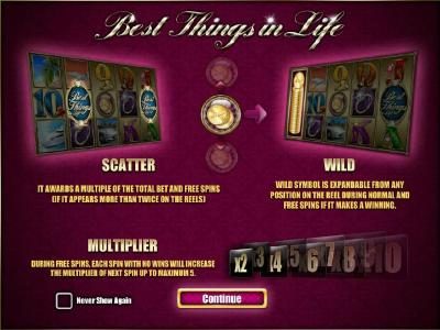 Features include: Scatter - It awards a multiple of the total bet and free spins (if it appears more than twice on the reels). Wild - Wild Symbol is expandable from any position on the reel during normal and free spins if it makes a winning. Multiplier -