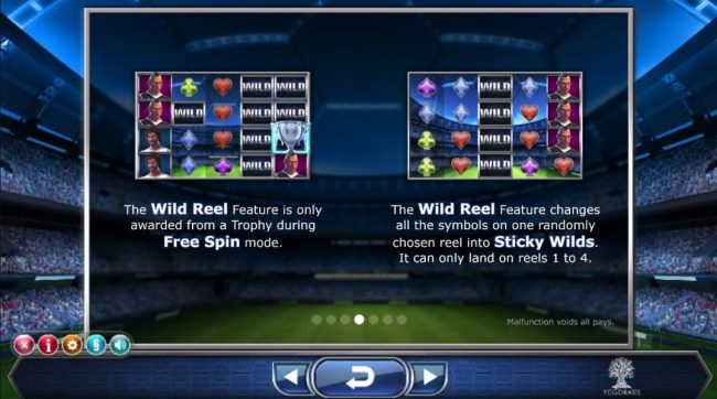 The Wild Reel feature is only awarded from a Trophy during free spin mode. The wild reel feature changes all the symbols on one randomly chosen reel into sticky wilds. It can only land on reels 1 to 4.