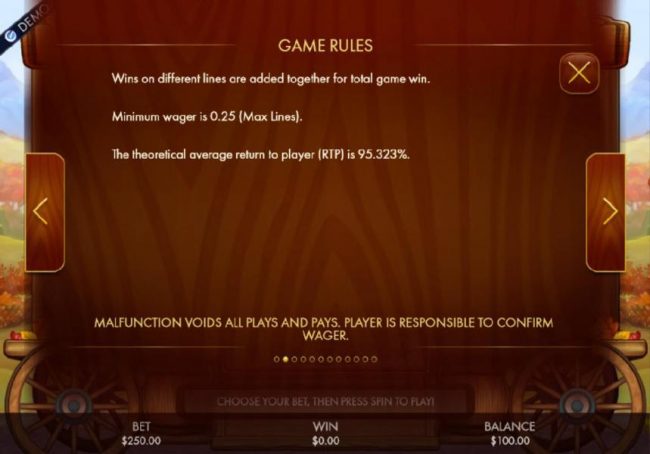 Win on different lines are added together for a total game win. Minimum wager is 0.25 (Max Lines). The theoretical average return to player (RTP) is 95.323%