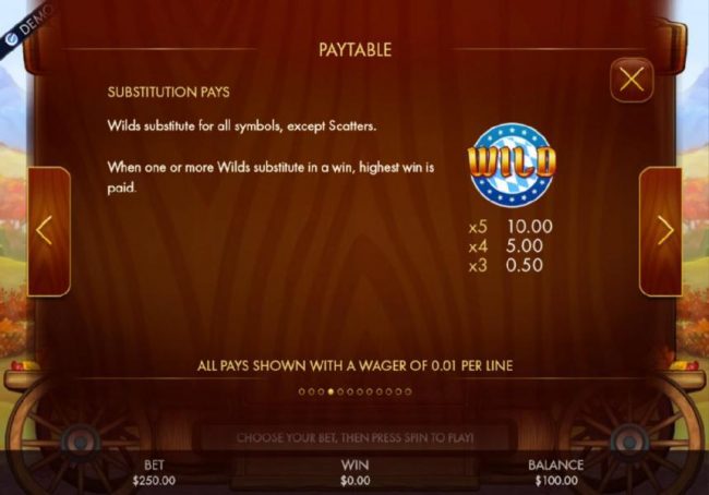 Substitution Pays - Wilds substitute for all symbols, except scatters. When one or more wilds substitute in a win, highest win is paid.